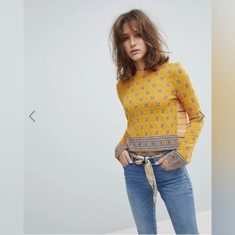 Free People New Age Mustard Yellow Patterned Cropped Sweater
